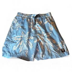 SHEIN Men’s Blue Palm Tree Swim Trunks Size M Waist Drawstring Board Shorts